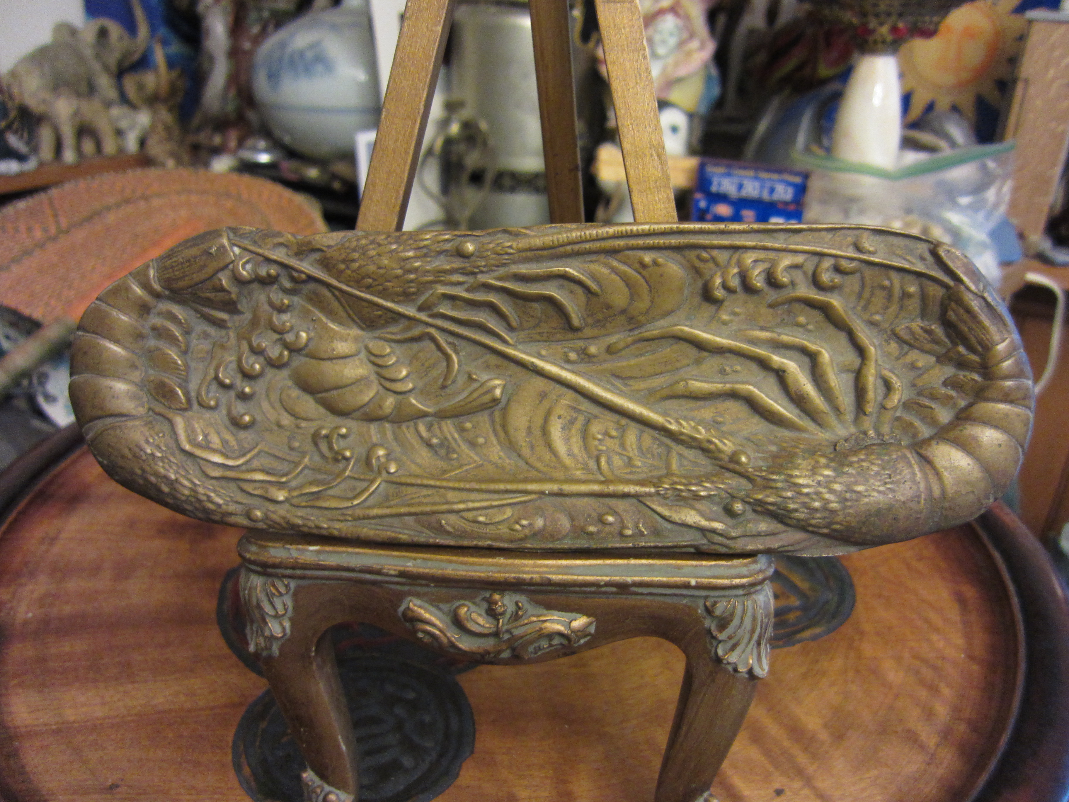 Antique Japanese Raised Relief Bronze Embossed Lobster Pen Tray