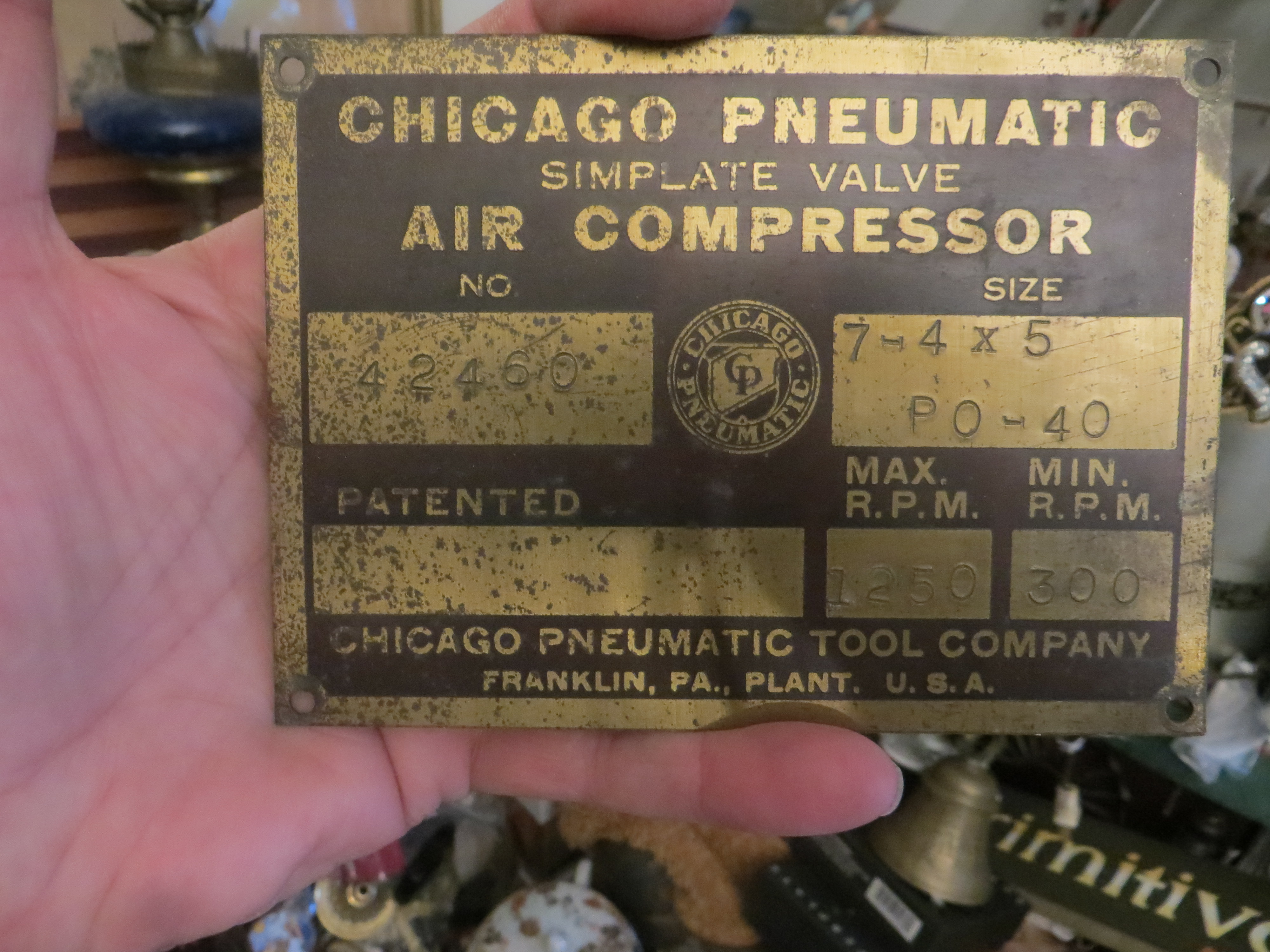 Vintage Brass Chicago Pneumatic Tool Company Air Compressor Plate Tag