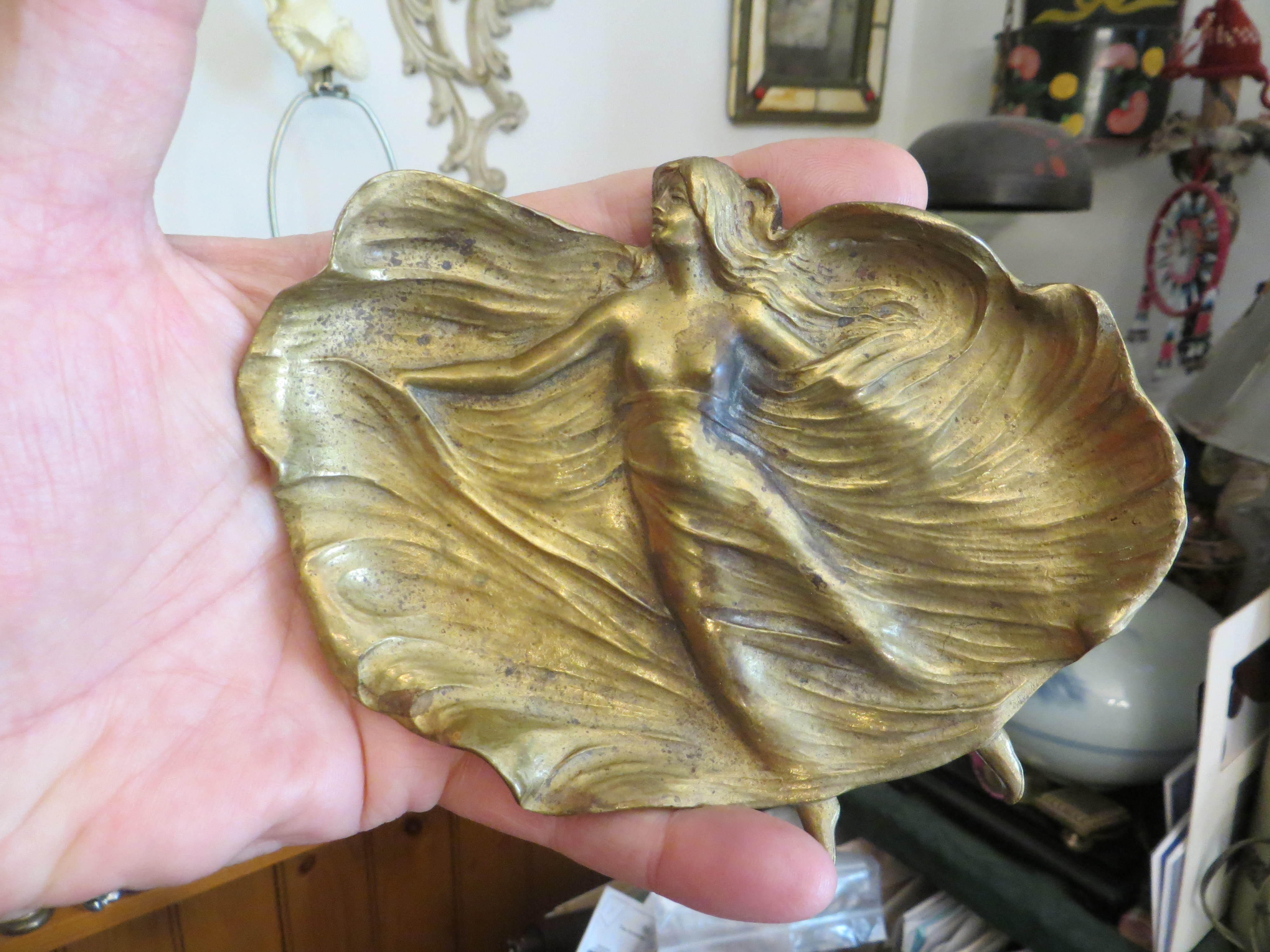 Art Nouveau Bronze Brass Nymph Pin Card Tray